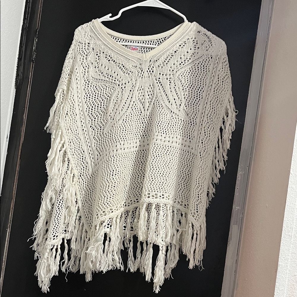Justice Cream Knit Poncho with Fringe